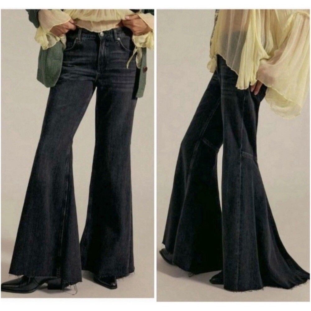 NEW Free People We The Free Live Wire Flare Jeans Black Raw Hem Wide Leg Size 27